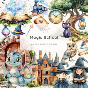 Magic School Clipart, Wizard School Clipart, Wizard Clipart, Witchcraft Clipart Bundle, Wizard School Watercolor, School of Wizardry Clipart
