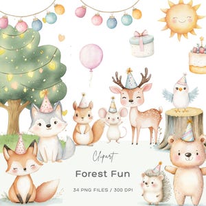 Clipart di animali della foresta, Clipart di animali del bosco, Clipart di cuccioli della foresta, Clipart di compleanno di cuccioli, Clipart di festa di compleanno