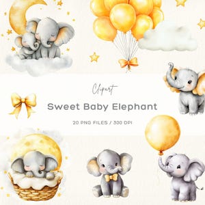 Clipart di elefantino, clipart di elefantino in formato PNG per baby shower, clipart di elefantino in acquerello, clipart di elefantino per cameretta dei bambini, clipart di palloncini di elefantino