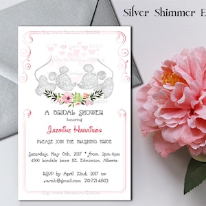 CUSTOM THEME Mouse Love Bridal Party Invitation - Wedding PRINTED (12) Invitations Hand Embellished Flowers with Envelope
