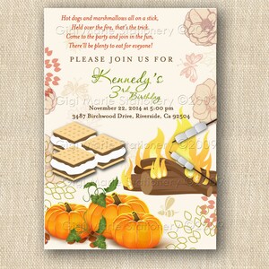 Autumn Fall Party - Bonfire - S&#39;mores - Marshmallows - Outdoor - Digital Invitation