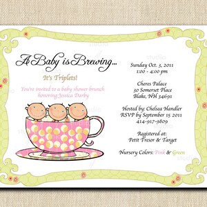TRILLOS - Invitaciones para baby shower de té para dos o preparación del bebé - INVITACIONES IMPRESAS para baby shower de trillizos