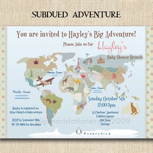Big Adventure - monde voyages - Safari Baby Shower - mouvement imprimé INVITATIONS - vendu en paquets de 10 comprend enveloppe