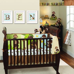 Arte de la pared de la selva- Estampados de guardería para bebés, mono bebé, monograma de letras personalizadas - Safari para bebés - Cebra bebé - León bebé - Serpiente bebé - Tigre bebé
