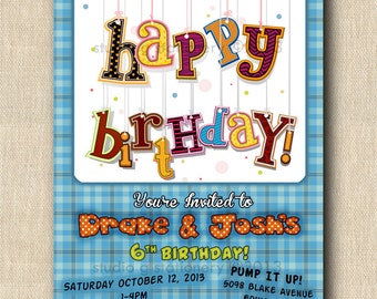 Blue Plaid Boy Birthday Invitation - DIGITAL DIY Printable