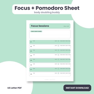 Può includere: Una pagina di pianificazione stampabile Focus + Pomodoro Sheet con uno schema di colori verde chiaro e bianco. Il documento presenta un'intestazione Focus Sessions, una sezione per gli obiettivi giornalieri e otto righe di attività.