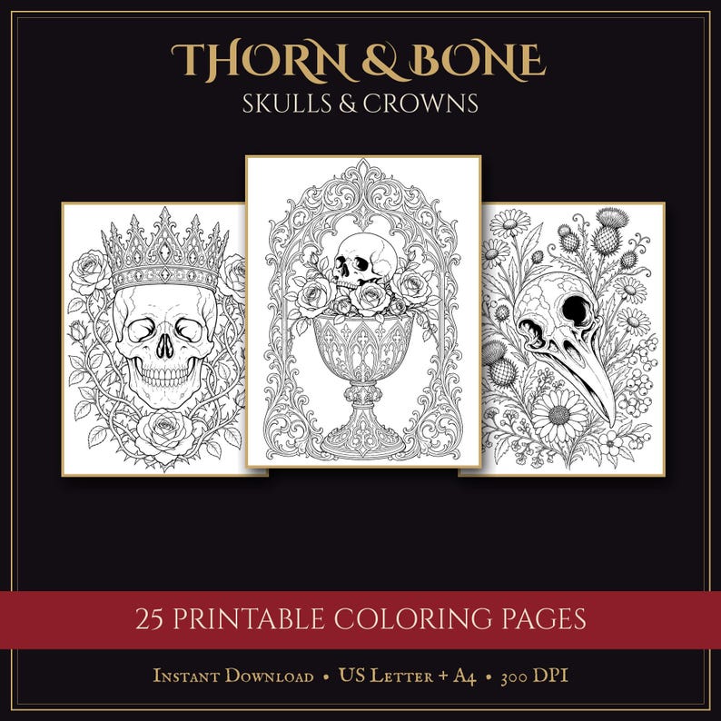 Gothic Skull Coloring Pages, 25 Printable Skulls and Roses Sheets for ...