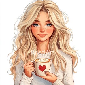 5 clipart ragazza con tazza di caffè. Clip Art.