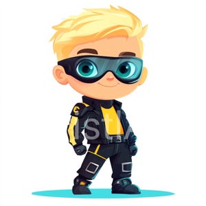 8 clipart, schattige blonde jongen gekleed in cyberpunkstijl, digitale download