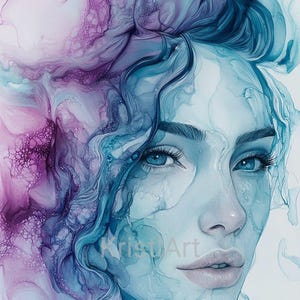 Può includere: Dipinto astratto di un viso di donna con occhi azzurri e labbra rosa. Lo sfondo è un mix vorticoso di blu, viola e bianco.