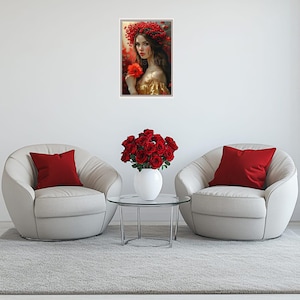 Arte digitale,  dipinto di una donna con fiore rosso,  Poster di pittura,  Immagine digitale stampabile, Decorazione per  casa