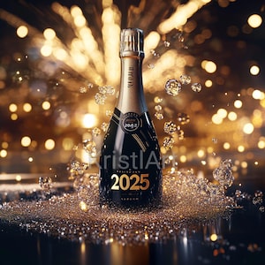 Happy New Year 2025. Bottle of sparkling wine.
