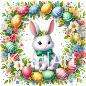 Coniglietto bianco e ghirlanda di uova con fiori primaverili, Download digitale, 5 clipart di Pasqua