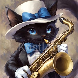 Die Musikerkatze, elegantes digitales Bild, Sofortiger Download