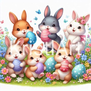 Easter Clipart, Digital Download, Bunnies with Colored Eggs