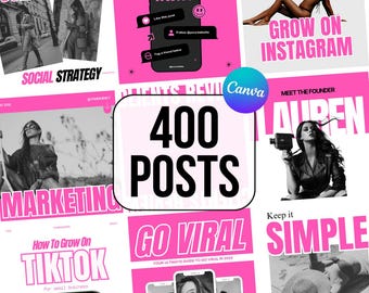 May include: A collage of pink and black social media posts with text that includes "Give Away", "Grow on Instagram", "Meet the Founder", "400 Posts", "Go Viral", "How to Grow on TikTok", and "Keep it Simple".