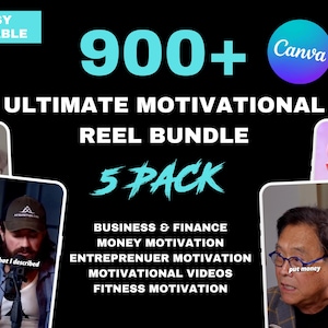 May include: A black and white graphic with the text "900+ Canva Ultimate Motivational Reel Bundle 5 Pack" in blue and white text. The graphic also includes images of four people, including Warren Buffet, Jeff Bezos, and two other men. The text below the main title reads "Business & Finance, Money Motivation, Entrepreneur Motivation, Motivational Videos, Fitness Motivation."