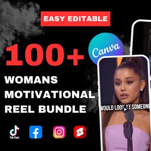 Puede incluir: Un gráfico en blanco y negro con el texto "100+ WOMANS MOTIVATIONAL REEL BUNDLE" en rojo y blanco. El gráfico también incluye los logotipos de TikTok, Facebook, Instagram y Canva. La imagen también muestra a una mujer hablando en un micrófono y a una mujer con una boina negra.