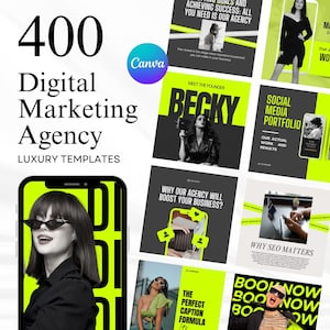 Peut inclure: Un ensemble de 8 modèles de médias sociaux pour une agence de marketing numérique. Les modèles présentent un schéma de couleurs noir et blanc avec des accents vert vif. Le texte sur les modèles comprend "Rencontrez la fondatrice Becky", "Portfolio des médias sociaux", "Pourquoi notre agence stimulera votre entreprise ?", "La formule de légende parfaite", "Réservez maintenant", et "Pourquoi le référencement est important".