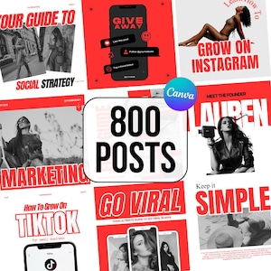Op de afbeelding: Een collage van negen rode en zwarte social media berichten met tips om je bedrijf te laten groeien op social media. De berichten bevatten tips over social media strategie, marketing, viraal gaan en groeien op Instagram en TikTok. De tekst "800 POSTS" staat in het midden van de collage.