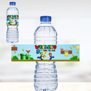 Bewerkbaar Mario Bros-verjaardagslabel waterfles, direct download, aangepaste cadeaukaartjes, afdrukbare gepersonaliseerde bedankkaartjes, Mario en Luigi