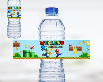 Edytowalna etykieta na butelkę z wodą urodzinową Mario Bros, natychmiastowe pobranie, spersonalizowane etykiety na prezenty, drukowane spersonalizowane etykiety na upominki, Mario i Luigi