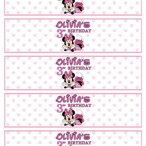 May include: Five pink and white printable labels featuring a cartoon image of Minnie Mouse. The labels say "Olivia's 3rd Birthday".