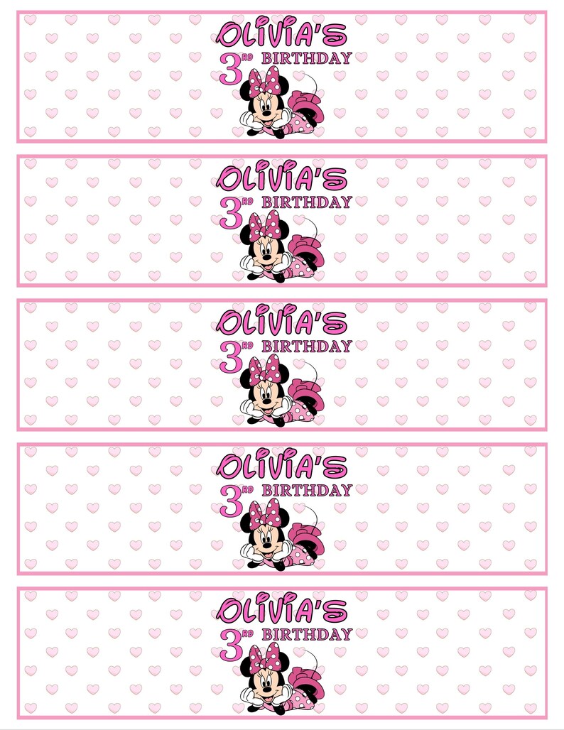 May include: Five pink and white printable labels featuring a cartoon image of Minnie Mouse. The labels say "Olivia's 3rd Birthday".