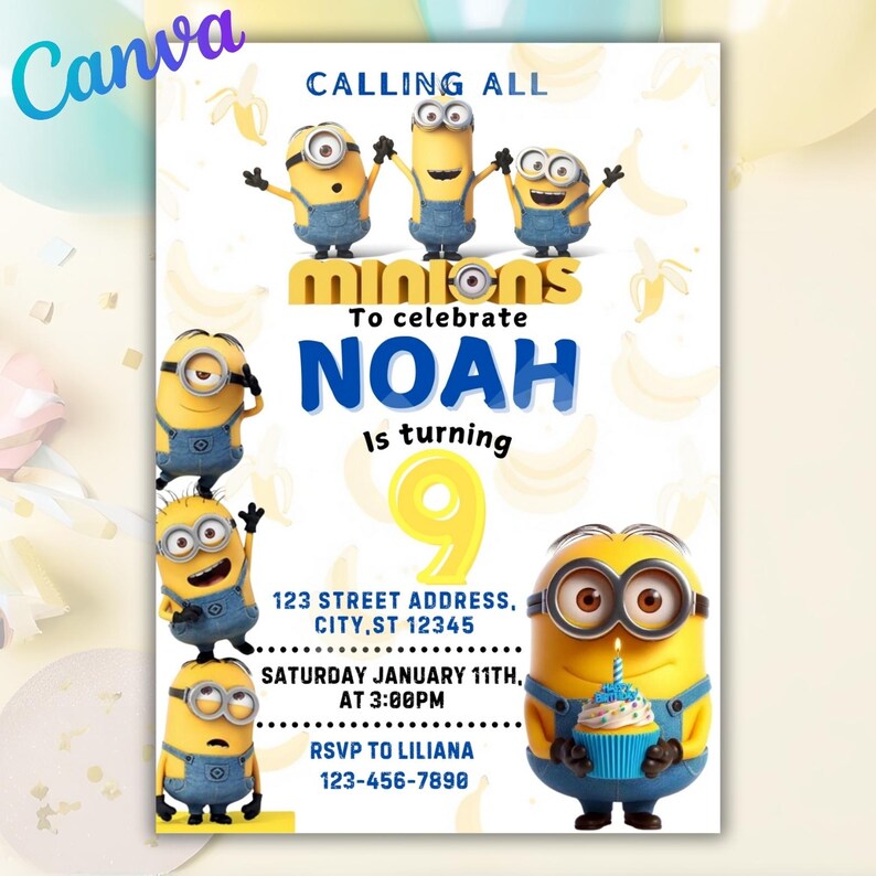 Puede incluir: Una invitaci&oacute;n de cumplea&ntilde;os con tem&aacute;tica de Minions para el 9&ordm; cumplea&ntilde;os de Noah. La invitaci&oacute;n presenta a un Minion amarillo sosteniendo un cupcake con una vela, rodeado de otros Minions y pl&aacute;tanos. El texto dice "Calling all Minions to celebrate Noah is turning 9". La invitaci&oacute;n incluye la fecha, la hora, la direcci&oacute;n y la informaci&oacute;n de RSVP.