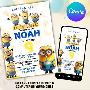 Puede incluir: Una invitaci&oacute;n de cumplea&ntilde;os con tem&aacute;tica de Minions para un ni&ntilde;o llamado Noah que cumple nueve a&ntilde;os. La invitaci&oacute;n presenta a un Minion amarillo sosteniendo un cupcake y el texto "Calling all Minions to celebrate Noah is turning 9".