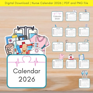 Pode incluir: Um calendário de enfermeira para download digital para 2026. O calendário apresenta um gráfico grande com suprimentos médicos e um estetoscópio rosa. Os calendários mensais individuais são dispostos ao redor do gráfico principal. O texto "Calendário 2026" é exibido.