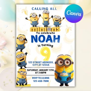 Puede incluir: Una invitaci&oacute;n de cumplea&ntilde;os con tem&aacute;tica de Minions con un Minion amarillo y azul sosteniendo un cupcake con una vela. La invitaci&oacute;n dice "Calling all Minions to celebrate Noah is turning 9". Tambi&eacute;n incluye la fecha, la hora y la informaci&oacute;n de RSVP.