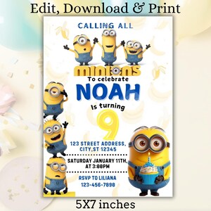 Puede incluir: Una invitaci&oacute;n de cumplea&ntilde;os con tem&aacute;tica de Minions con fondo amarillo y borde blanco. La invitaci&oacute;n presenta un grupo de Minions, un n&uacute;mero nueve azul y el texto "Calling all Minions to celebrate Noah is turning 9". La invitaci&oacute;n tambi&eacute;n incluye el texto "123 Street Address, City, ST 12345", "Saturday January 11th, at 3:00PM", "RSVP to Liliana 123-456-7898", y "5x7 inches".