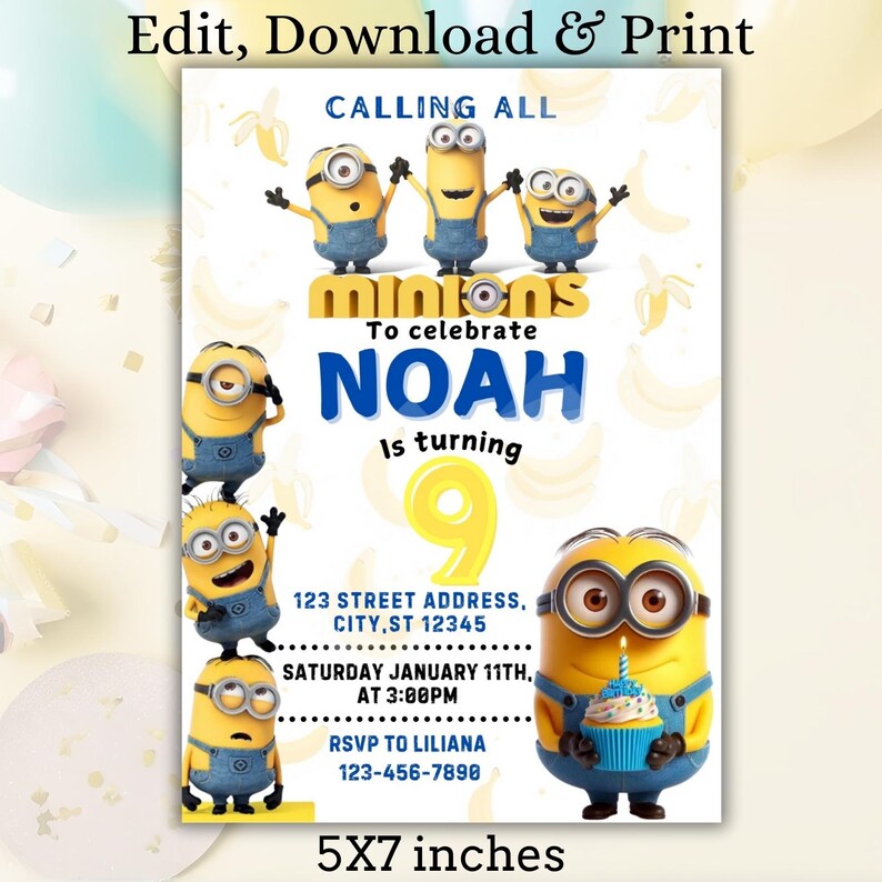Puede incluir: Una invitaci&oacute;n de cumplea&ntilde;os con tem&aacute;tica de Minions con fondo amarillo y borde blanco. La invitaci&oacute;n presenta un grupo de Minions, un n&uacute;mero nueve azul y el texto "Calling all Minions to celebrate Noah is turning 9". La invitaci&oacute;n tambi&eacute;n incluye el texto "123 Street Address, City, ST 12345", "Saturday January 11th, at 3:00PM", "RSVP to Liliana 123-456-7898", y "5x7 inches".