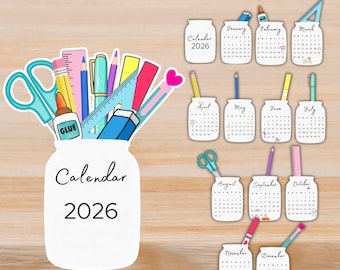 Calendario mensual editable de suministros de oficina 2026, imprimible digitalmente, PDF personalizado, descarga instantánea.