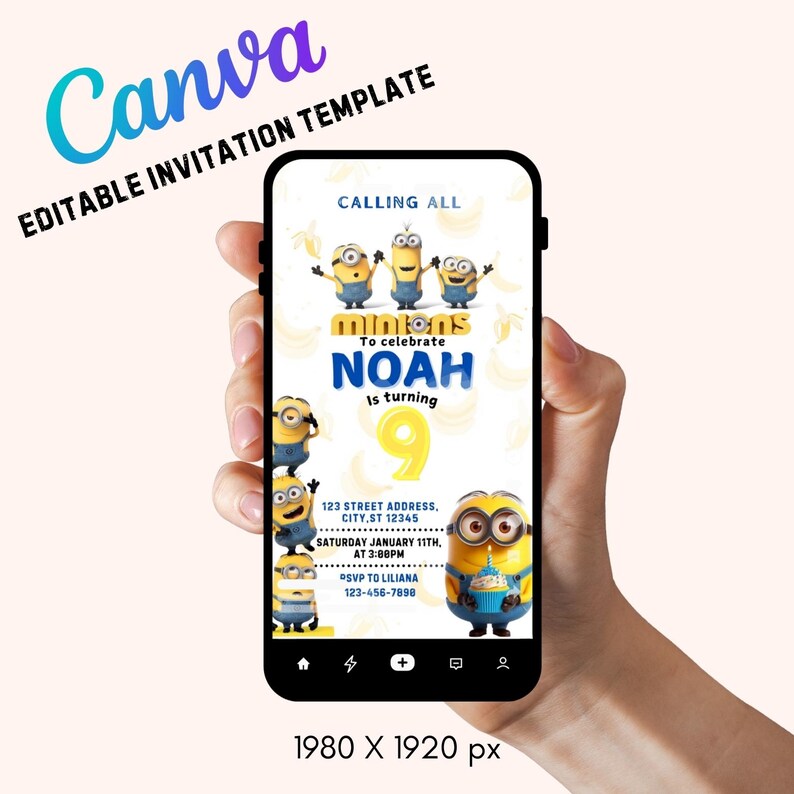 Puede incluir: La pantalla de un tel&eacute;fono inteligente que muestra una invitaci&oacute;n de cumplea&ntilde;os con tem&aacute;tica de Minions para el 9&ordm; cumplea&ntilde;os de Noah. La invitaci&oacute;n presenta un personaje de Minion amarillo sosteniendo un cupcake y el texto "Calling all Minions to celebrate Noah is turning 9".