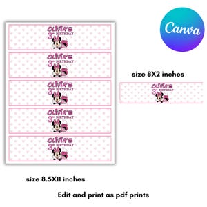 May include: Five printable labels for water bottles featuring a pink Minnie Mouse character with the text "Olivia's 3rd Birthday" on a white background with pink hearts. The labels are 8.5 inches by 11 inches and can be edited and printed as PDF prints.