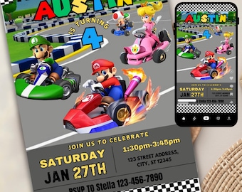 Invitación de cumpleaños de Mario Kart, descarga instantánea, invitaciones digitales editables para fiestas, invitaciones personalizadas, invitación personalizada imprimible