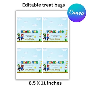 May include: Four printable treat bag designs featuring a video game character. Each bag says "Thank You" with a message about celebrating. The bags are 8.5 inches by 11 inches.