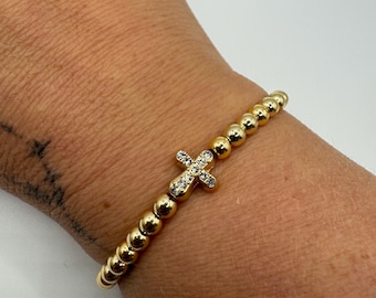 Gold Plated Rhinestone Cross Bracelet | Beaded Religious Gift