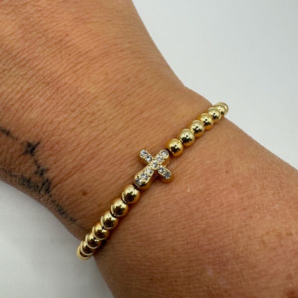 Gold Plated Rhinestone Cross Bracelet | Beaded Religious Gift