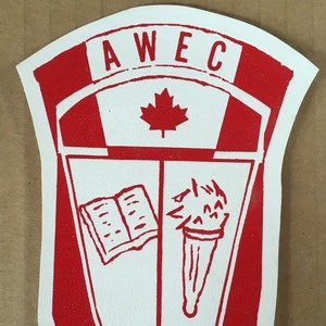 Vintage Annapolis West Education Centre AWEC badge, High School, Annapolis Royal, Nova Scotia, Canada