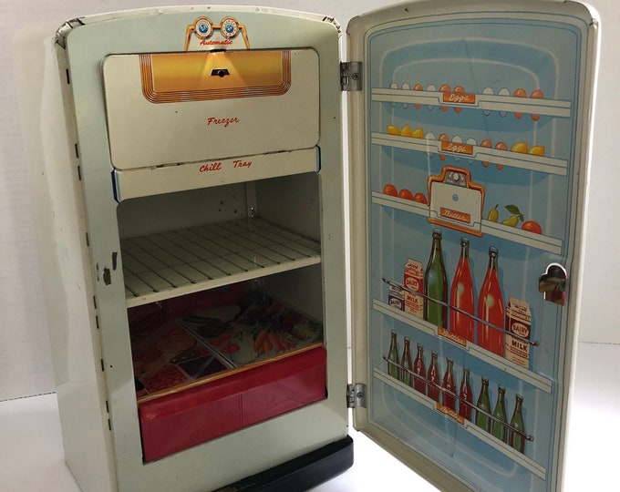 Vintage 1950s Metal Toy Refrigerator With Plastic Accessories Etsy