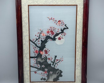Vintage Chinese Silk Embroidery Art: Cherry Blossoms in Glass Frame