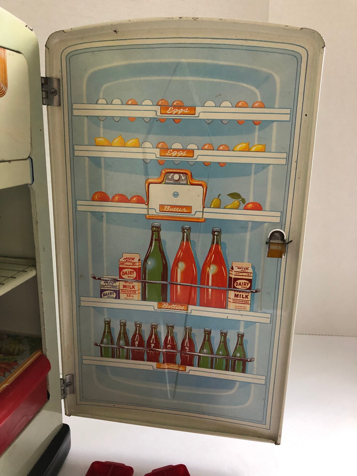 Vintage 1950s Metal Toy Refrigerator With Plastic Accessories Etsy