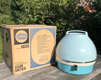 Lady Sunbeam vintage portable hairdryer retro blue bubble dome style in original box with original booklets