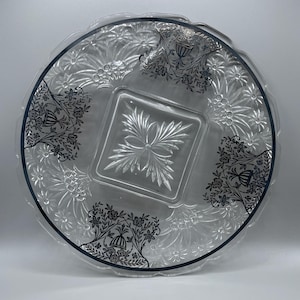 Beautiful antique clear glass with silver overlay floral motif decorative tray / plate
