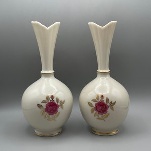Vintage Lennox set of 2 vases hand decorated with 24-k gold trim and pink roses Made in the USA