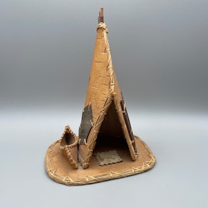 Canadian Indigenous art birch bark tepee and canoe trimmed mid 20th century souvenir piece