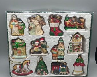 Vintage porcelain Christmas Danson decorations lot of 12 to hang on the tree in original box new old stock